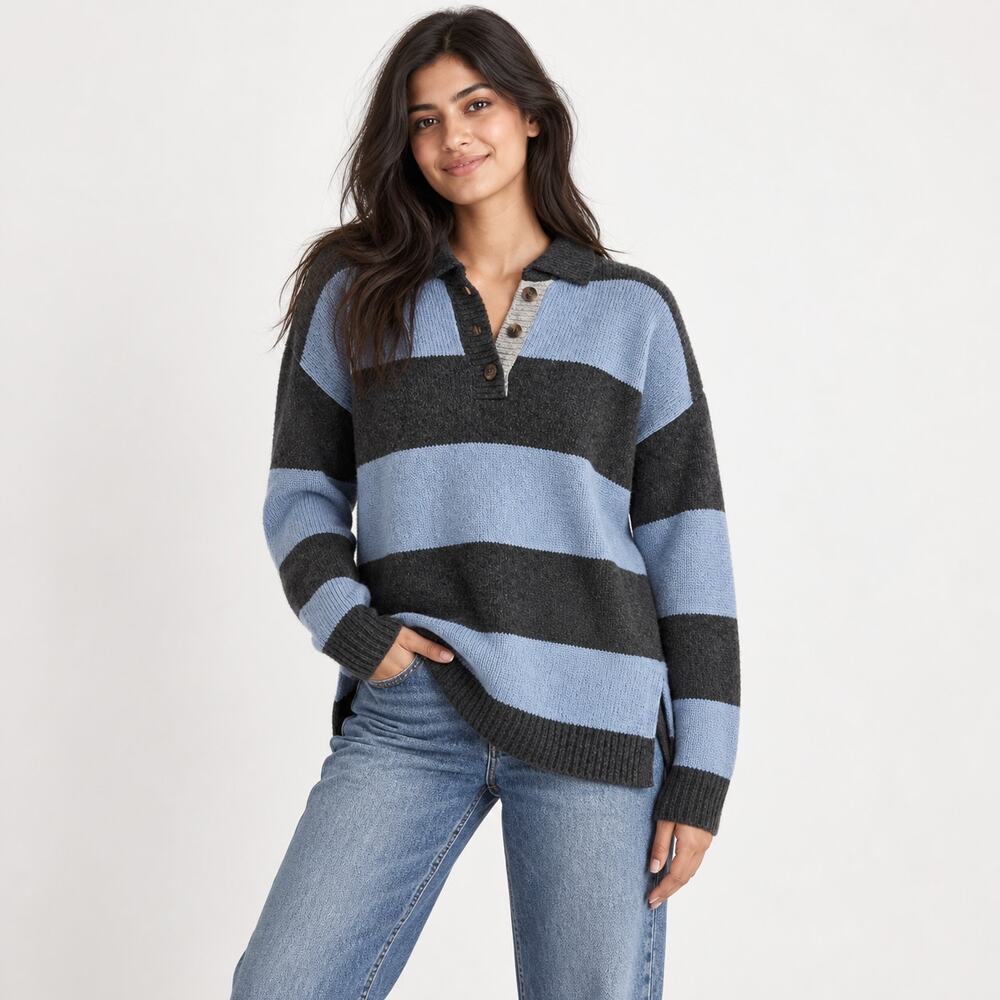 Madewell Polo Sweater WMNS XXS Blue Gray Rugby Stripe Wool Alpaca Soft Preppy
